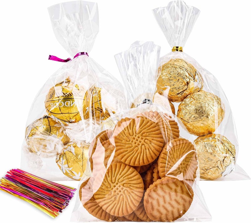 LOKQING LOKIQNG Cellophane Bags Plastic Treat Bag Clear Cookie Candy Bags with Twist Ties for Party Favor Bag(100PACK,4x6inch) - Image 1